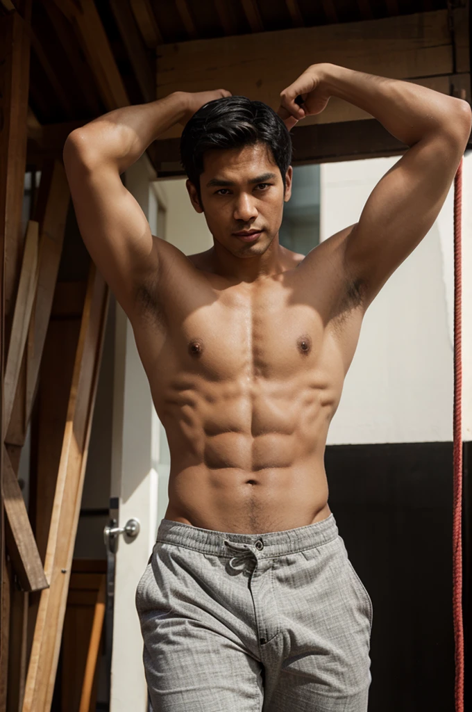 An Indonesian handsome man. Age between 30 - 35 yo. Exotic Skin and Sexy Stomach. Not wearing clothes just using a long pants.