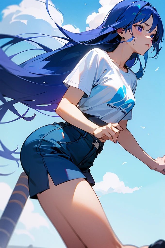 8K High Resolution、beautiful girl、Purple color、Long Hair、Blue Hair、Blue Hair、Sky blue hair、T-Shirts、Shorts、Blue sky、summer、bright