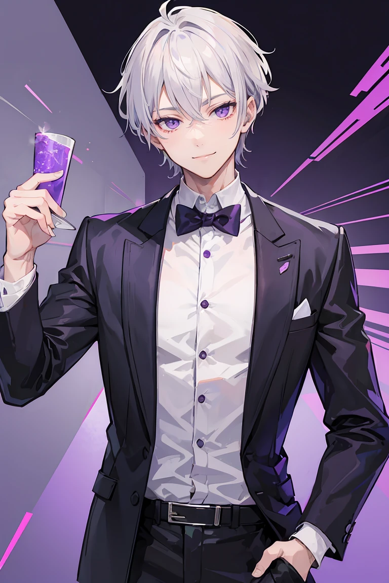 Young man, grey hair, purple eyes, smile face, modern style, handsome man, cool boy, bad boy