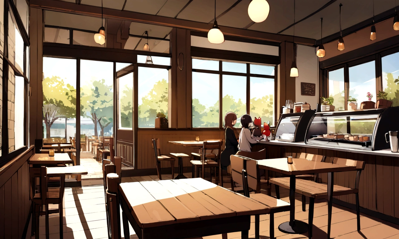 Large windows and trees々Restaurant table and chairs with a view, Cafe interior, Cafe, sitting in a Cafe alone, sitting alone in a Cafe, in karuizawa, Indoor Settings, coffee shop, Quiet and peaceful atmosphere, Cozy and quiet atmosphere, Sunny atmosphere, sitting in a Cafe, Cafe for felted animals, Cozy and welcoming atmosphere, A woman is studying at a computer