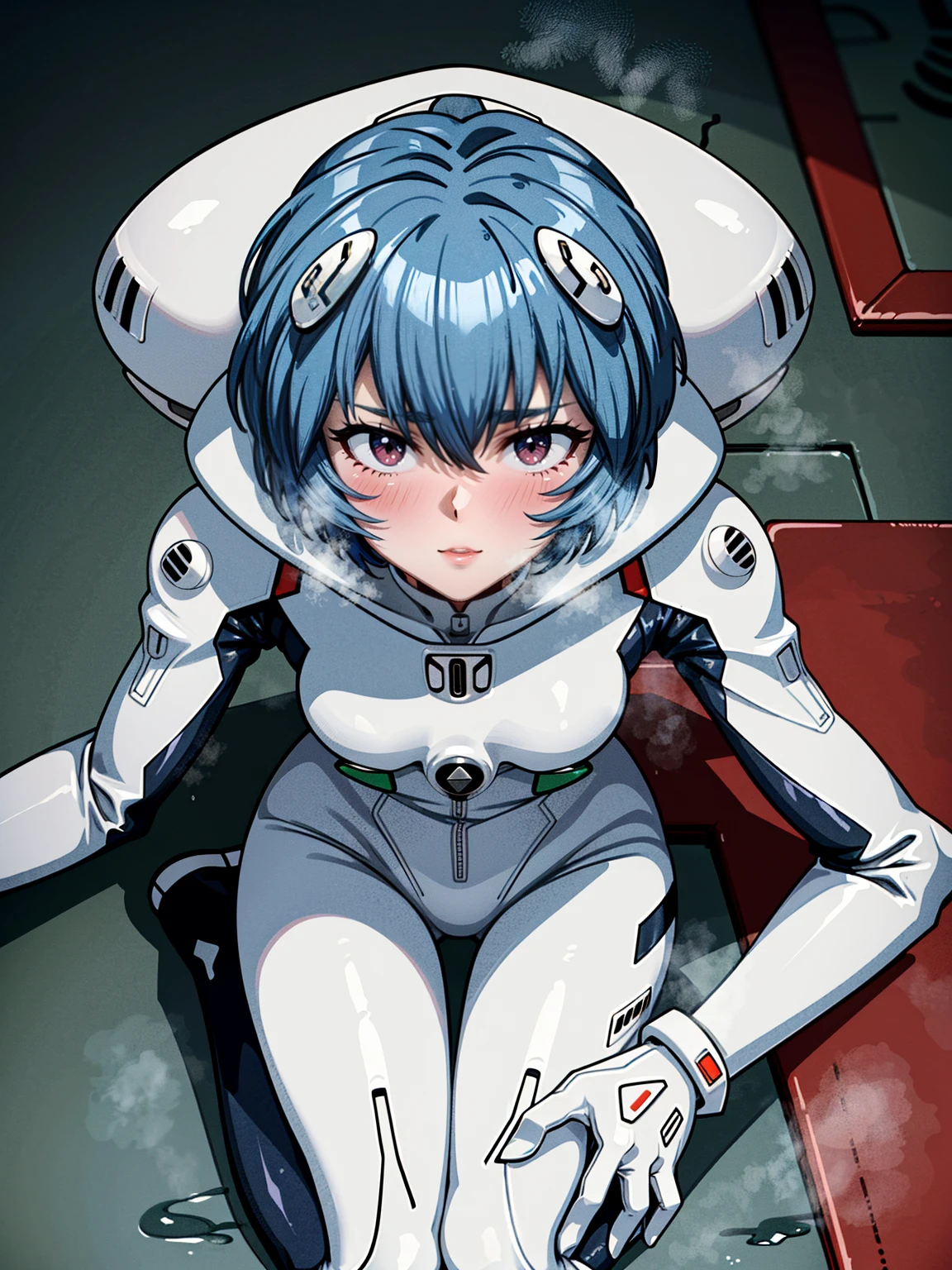 ((Highest quality, 8k wallpaper)),(masterpiece, Highest quality),Very detailed,High resolution,(Official Art:1.3),(((Anime screenshots,Black outline))),One girl,alone, Break mer1,(Rei Ayanami {Neon Genesis Evangelion,}1.2),masterpiece, best quality, outdoor, 1girl, Solo,red eyes,short hair,blue hair, (White plug suit:1.4), skin tight,(Tired look, A look of regret, Struggled, Half-closed eyes, fear, humiliation, Frightened, anxiety:1.3),(((Covered in sweat, Mass sweat, Sweating profusely,steam:1.7))), (wariza, hands on floor, Look Up:1.8), (Dirty Costume with mud,gym storeroom:1.5)(((sweat,Sweatdrop,flying Sweatdrops, sweating profusely,wet,wet clothes,wet hair,messy hair))),