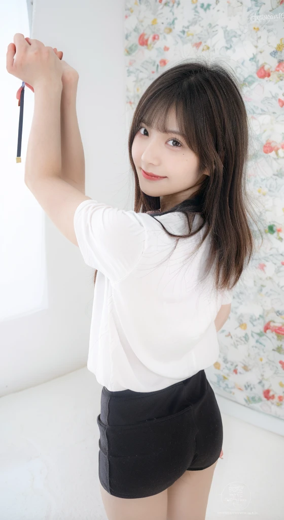 Japanese female, (underweight), (medium bust best quality:1.5), 30 years old, (cheerful grin:1.3),booty shorts