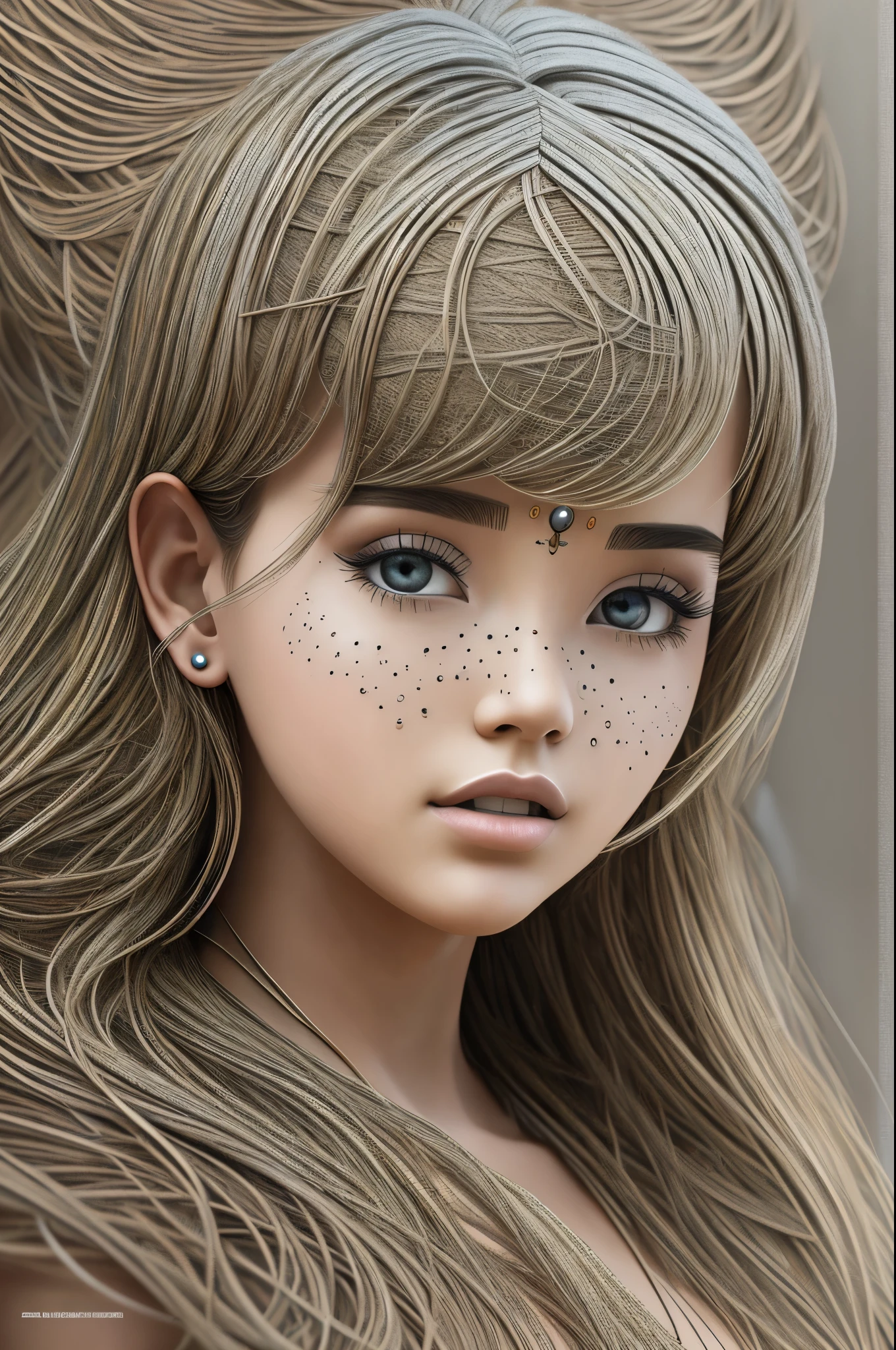 a close up of a girl with a metal structure inside of it, a hyperrealistic painting inspired by Peter Gric, zbrush central contest winner, hyperrealism, highly detailed surrealist art, hyperrealistic illustration, hyperrealistic surrealism, very intricate photorealistic, extremely hyperdetailed, hyper detailed art, insanely highly detailed artwork, hyperrealist highly intricate, thomas veyrat intricate