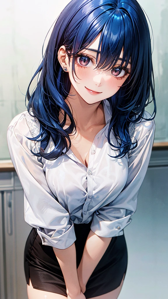 ((Highest quality)), ((High resolution)), ((masterpiece)), (detailed), (photograph), 
View your viewers, Written boundary depth, Anatomically correct, Mature Woman, chairperson, Perfect Face, Cute and symmetrical face, Shiny skin, 
(Medium Hair, Blue Hair), Hair between the eyes, Chestnut brown eyes, Long eyelashes, (Big Breasts:0.9), 
Beautiful Hair, Beautiful Face, Beautiful details, Beautiful clavicle, Beautiful body, Beautiful breasts, Beautiful thighs, Beautiful legs,
(Button shirt with collar, jacket suit, Pencil Skirt), caster, Variety Show, News Programs, News Studio, manuscript, (Cute Smile), 