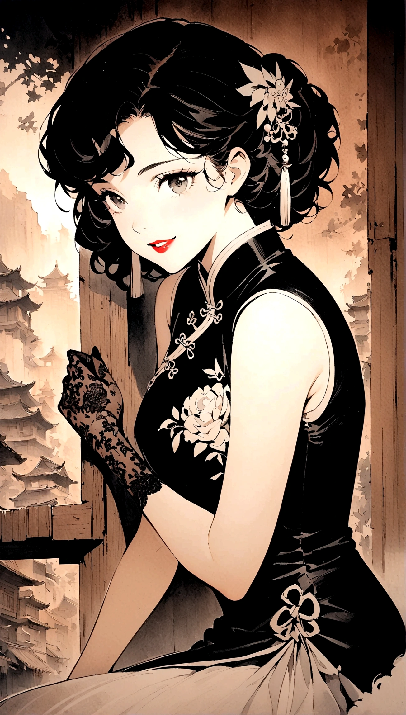 Meiko vocaloid in a 1920s style flapper dress smilling with a cigeret in her hand looking off to the side  [only head and sholder view]