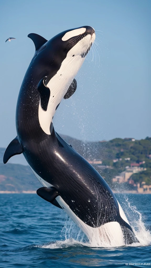 Draw the moment when a killer whale is jumping on the surface of the sea and is trying to catch a sea lion.