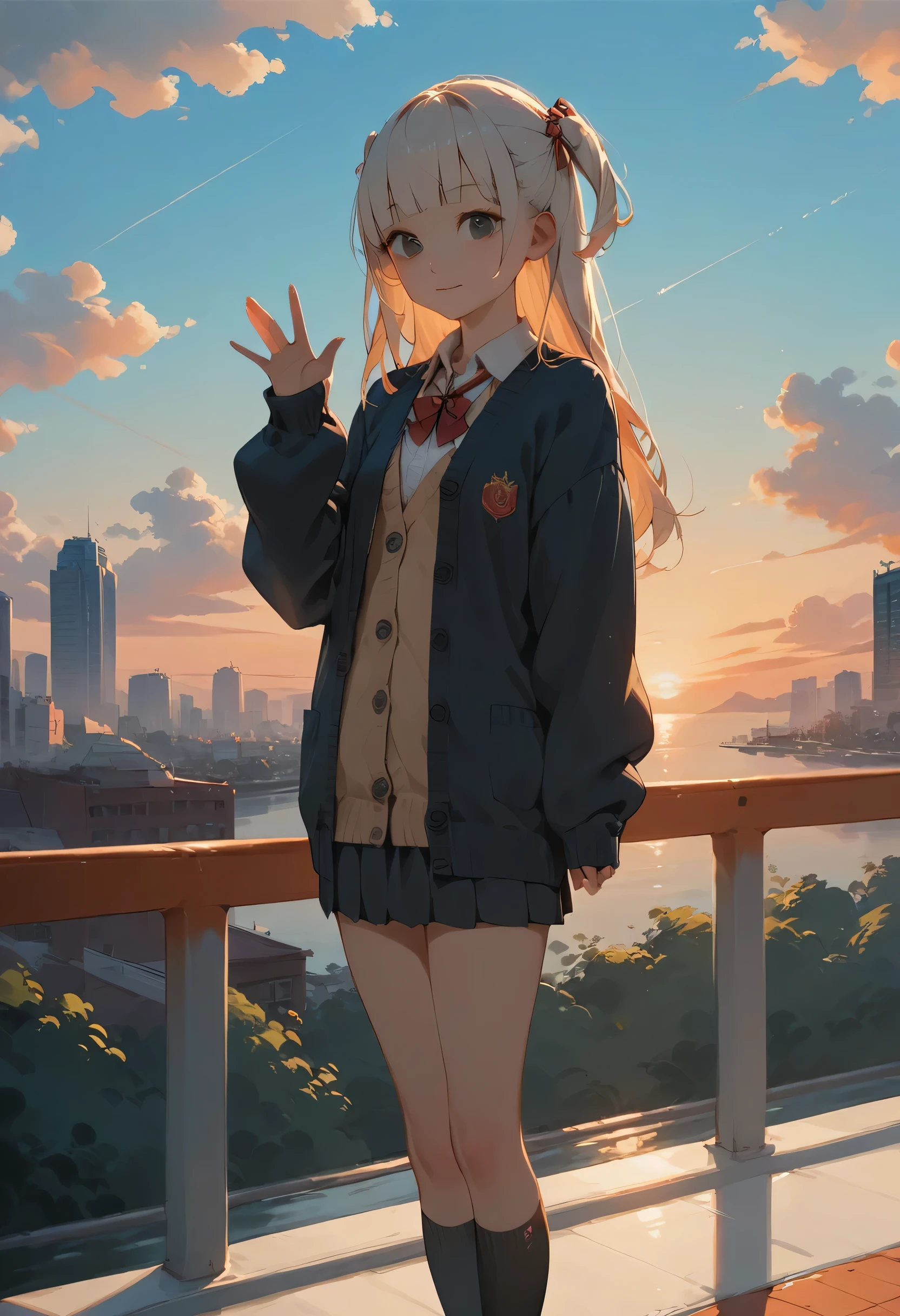 One Girl, (Sunset sky), Standing and waving, School Area, Cityscape, scenery, School Cardigan, (Sleeves are longer than the wrist), Powerful loafers, Black ash two side up hair, Blunt bangs, Beautiful dark eyes, Black knee socks, Cinema Lighting, Upper Body, :3,