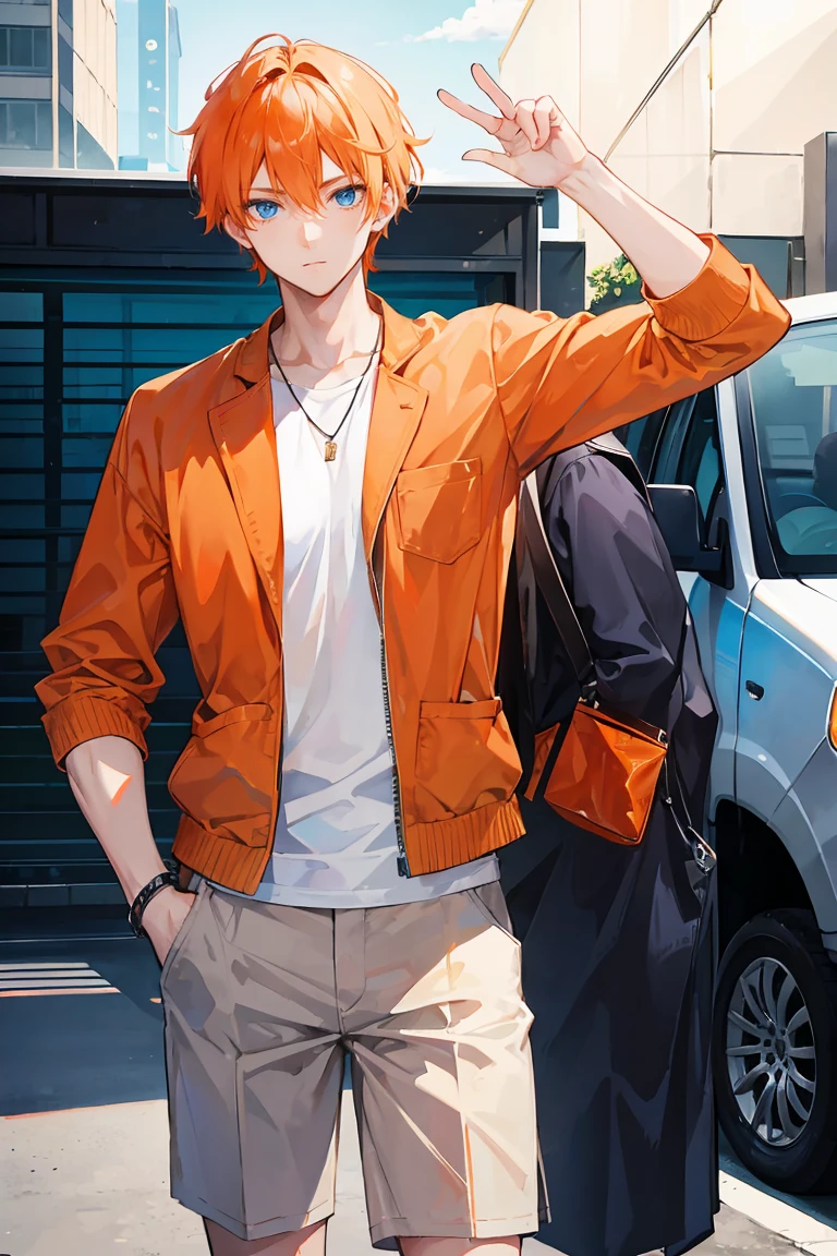 Young man, orange short hair, blue eyes, modern style, handsome man, slang, cool boy