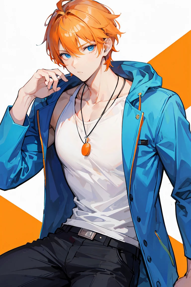 (masterpiece, best quality), intricate details, 1boys,brown hair, red left eye right blue eyes, light orange hair, drak red hair tips,
small breasts, Nasty ,lust,Close mouth, wear blue shirt, Blue jacket with trousers tied, dark blue and white sweater, park background,gay