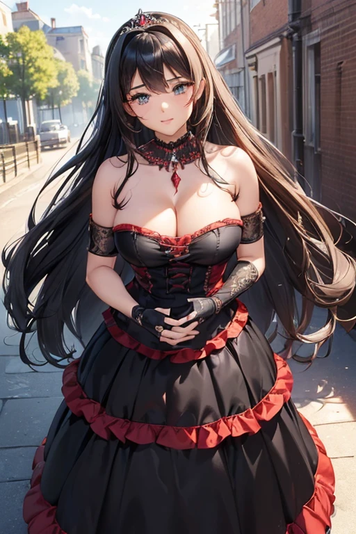 #Basics A girl is posing for a photo, animeのかわいい女の子, (((One Girl, Baby Face, Young girl, 16 years old))), 
BREAK 

#Clothing Accessories 
((Black and Red)Quinceañera(Long skirt dress):1.6) + (Black and Red)corset:1.6, (Sheer black elbow gloves:1.8, Black High Heels:1.4), 
((Luxury Silver Bracelets, large silver necklace, Silver Tiara)), 
BREAK 

#Features 
(((Black Hair:1.6)), Bangs that expose the forehead:1.4, Chest-length sideburns:1.4 + Curly hair:1.4, (Long Hair : Long Hair + Curly Hair + Curled up + Plump and voluminous + very thick hair + Large black ribbon)), 
(Droopy eyes,blue eyes), (Small breasts), 
BREAK 

#expression 
(smile, 嬉しそうなexpression), 
#background environment 
((noon, sunlight + Castles in a fantasy world:1.4, Walking)), 
#composition 
((To the camera:1.4, Cowboy Shot:1.4)), 
BREAK 

#Body parts elements 
(Detailed hair, Beautiful Hair, Shiny Hair), 
(double eyelid, Long eyelashes), 
(Expression of fine eyes, Beautiful and delicate eyes, Sparkling eyes, Eye Reflexes), 
(Human Ear), 
(Beautiful Nose, Thin Nose), 
(Glossy lips, Beautiful Lips, Thick lips), (Symmetrical facial features), 
(Detailed skin, Textured skin, Beautiful Skin), 
BREAK 

#Quality 
(((Highest quality)), ((masterpiece)), ((Very detailed))), ((High resolution), (16K,1080P)), 
(Realistic), (Anatomically correct), 
((comics, anime)), (3DCG), CG illustration,
