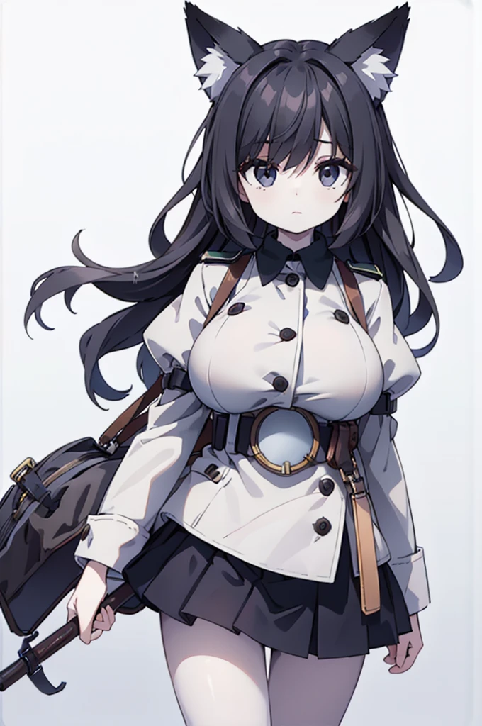 Highest quality, 1girl, solo, black hair, black eyes, pale skin, light gray uniform, large breasts, fox ears, fox tail
