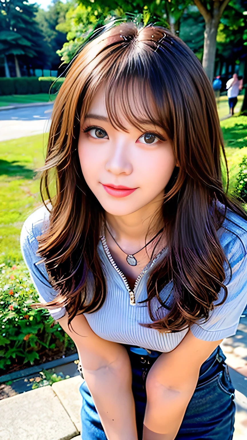 seed:4195271995,((Full Body Angle:1.1)),((Highest quality, 8K, masterpiece: 1.3)), concentrated: 1.2,Front hair:1.3, Cute girl 1,Nipples erect、 Perfect beauty: 1.4,Colorful ribbed knit half-zip T-shirt、Shorts,: 1.2,Randall Color、comics&Text Graphics、Black,1.1, Highly detailed face and skin textures, Fine grain, double eyelid, whitening skin, ,Highest quality,Ultra-high resolution,you,1 girl,alone,_Shiny_skin,Iris,necklace,((brown_length_Wavy_hair)),(lips)),eyelash,Front hair,deal with,compensate,Shiny,pore,skin big breasts、smiling face、Front hair、Walking in the park、walk