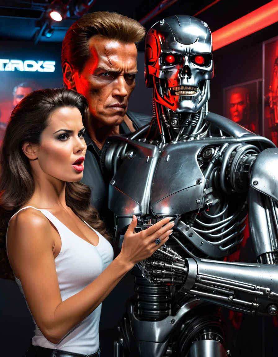 a shocked and awed beautiful woman in front of The Terminator Model T-800 wax statue that suddenly alive and wants to shake her hand, at Madame Tussauds Wax Gallery, insanely intricate detail, photo realistic illustration, Don Lawrence style