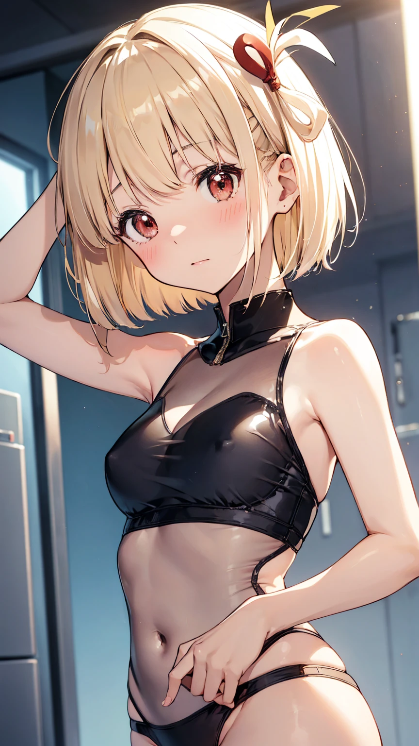 Chisato Nishikigi、Good looking girl (Short blonde hair with square bangs, Big Red Eyes,blush, Embarrassed、Perfect Face、See-through transparent swimsuit), independent , Looking into the camera, (Big Ass)、masterpiece, Anime art style, Cute Characters, Most detailed, high quality