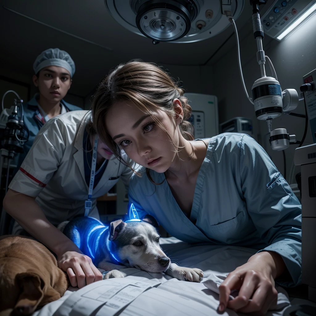 "A realistic scene of a dog lying lifeless on an operating table in a hospital surgery room. Doctors and nurses in surgical attire are working around the table. The dog's spirit, depicted as a glowing blue, ethereal form, is rising from its body. The room is illuminated with dynamic, volumetric lighting, showcasing the intricate details of the medical equipment and the somber atmosphere. The image should have deep colors, hyper-detailed textures, and a wide-screen format. Utilize complementary colors to enhance the overall composition, making it a striking and emotive piece of art."