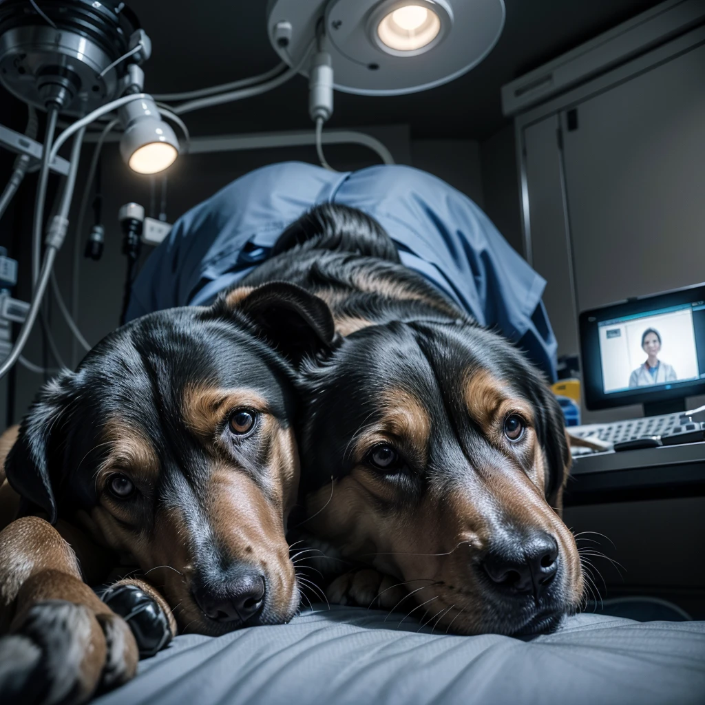 "A realistic scene of a dog lying lifeless on an operating table in a hospital surgery room. Doctors and nurses in surgical attire are working around the table. The dog's spirit, depicted as a glowing blue, ethereal form, is rising from its body. The room is illuminated with dynamic, volumetric lighting, showcasing the intricate details of the medical equipment and the somber atmosphere. The image should have deep colors, hyper-detailed textures, and a wide-screen format. Utilize complementary colors to enhance the overall composition, making it a striking and emotive piece of art."