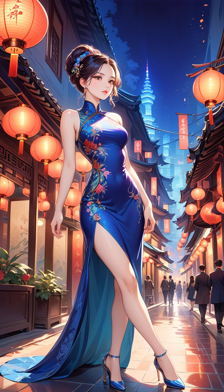 Superb image quality，8K material，Sexy woman，Full body photo，Peerless looks，Chinese face，Wearing a transparent silk cheongsam，Sheer high-slit cheongsam，Crystal sexy heels，simplebackground，Perfect curves and lines，perfect bodies，9 head body，perfectly proportions，The subject of the picture is sexy，The kinky is exposed，Transparent theme，The  and  can be seen