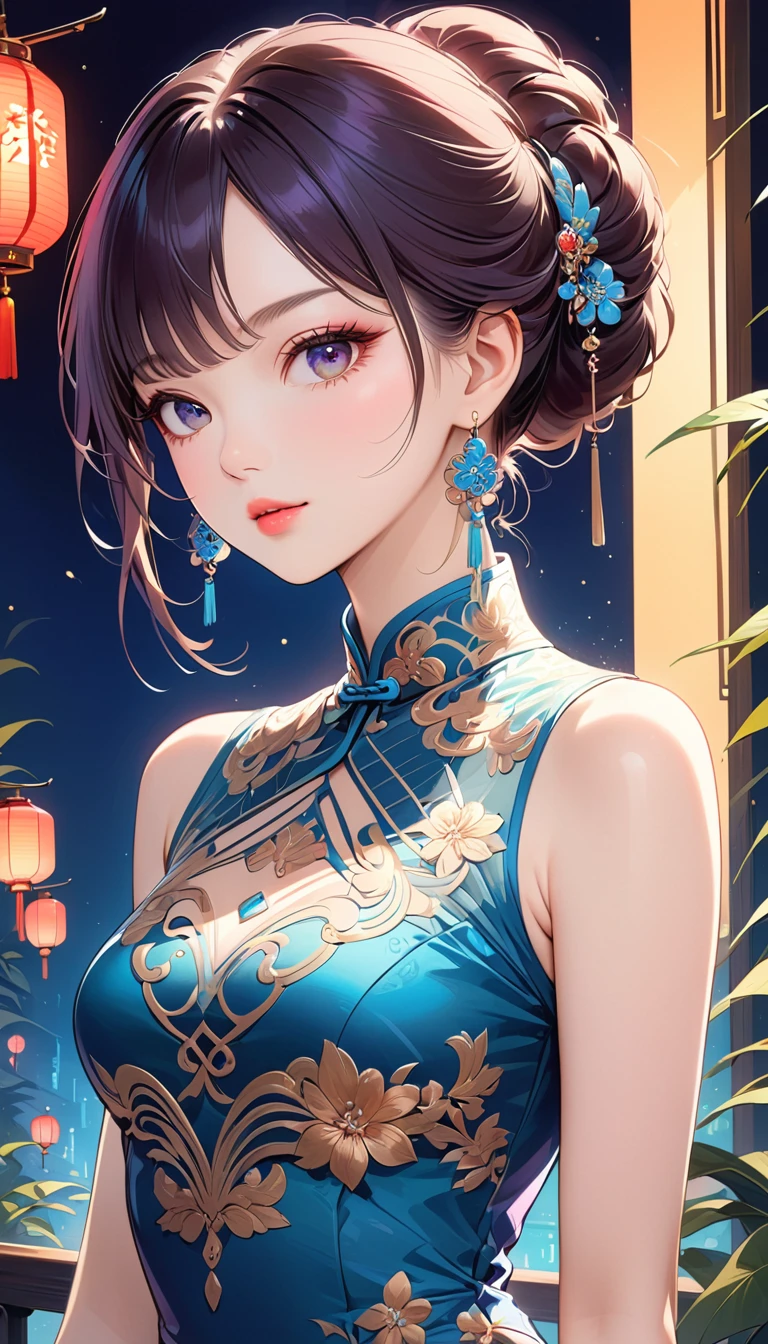 Chinese cheongsam sexy,illustration,High-end fashion,Beautiful and delicate eyes,Beautiful and delicate lips,Long eyelashes,Exquisite makeup,Vibrant colors,posture,Attractive background,Stylized Lighting,editing style,Chinese cultural elements,Exquisite embroidery,Detailed pattern,Modern transformation,Feminine charm,complicated,Futuristic,Chic hairstyle,Beautiful accessories,Tempting,Wearing stylish high heels,Luxurious fabrics,Beautiful movements,Confident expression,Ethereal atmosphere,Colorful composition,Impeccable attention to detail,Modern elegance,Expressive eyes,Dramatic Lighting,Seamless Integration,Artistic talent,Rich texture,Perfect fashion sense,Colored lights,Sentimental atmosphere,A bold fashion statement,Stylish composition