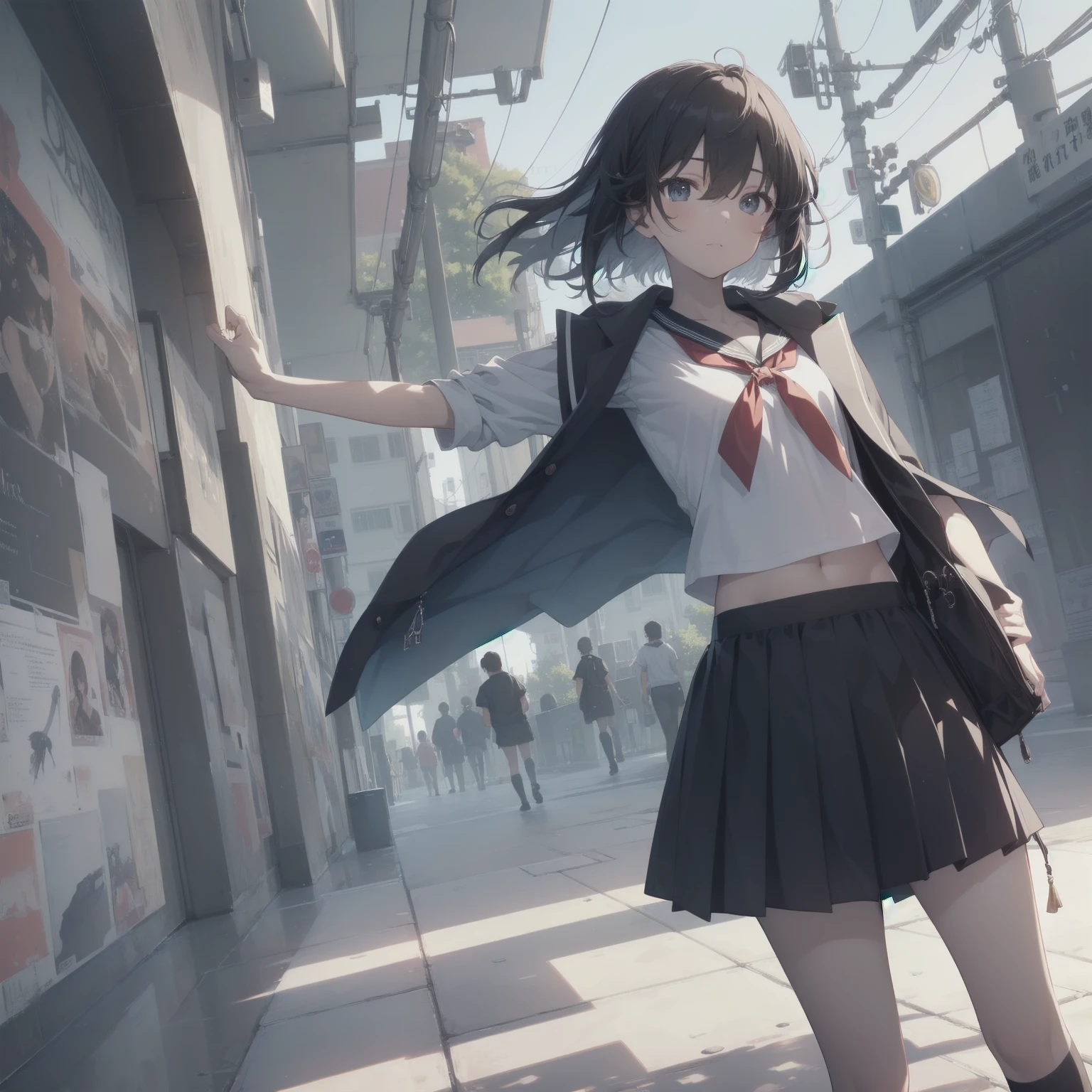 ultra-absurdres-Top quality by artist God, ultra-detailed, high resolution, anime moe artstyle, best anime 8k konachan wallpaper, pixiv contest winner, pool:2810, perfect anatomy,break, 1girl, (Please draw a girl walking sleepily to school alone. )break,(Solo,little female, 13-year-old:1.3),Full limbs, complete fingers,a junior high school student, (very short hair), short cut, flat chest, , small butt, small black eyes, beautiful detailed eyes, well-proportioned iris and pupils, expressive eyes, highres detailed hair, soft expression, salor school_uniform, sailor collar, serahuku, bow, pleated skirt,(Detailed Lighting), (Detailed background), in the School commute route. break,super detailed skin, Best cinematic lighting powered by famous artist, 8k,beauty illustration,photoshop_(medium),very aesthetic,break,((artist:wa_(genryusui) )), artist:clamp ,artist:carnelian ,artist:kantoku ,
