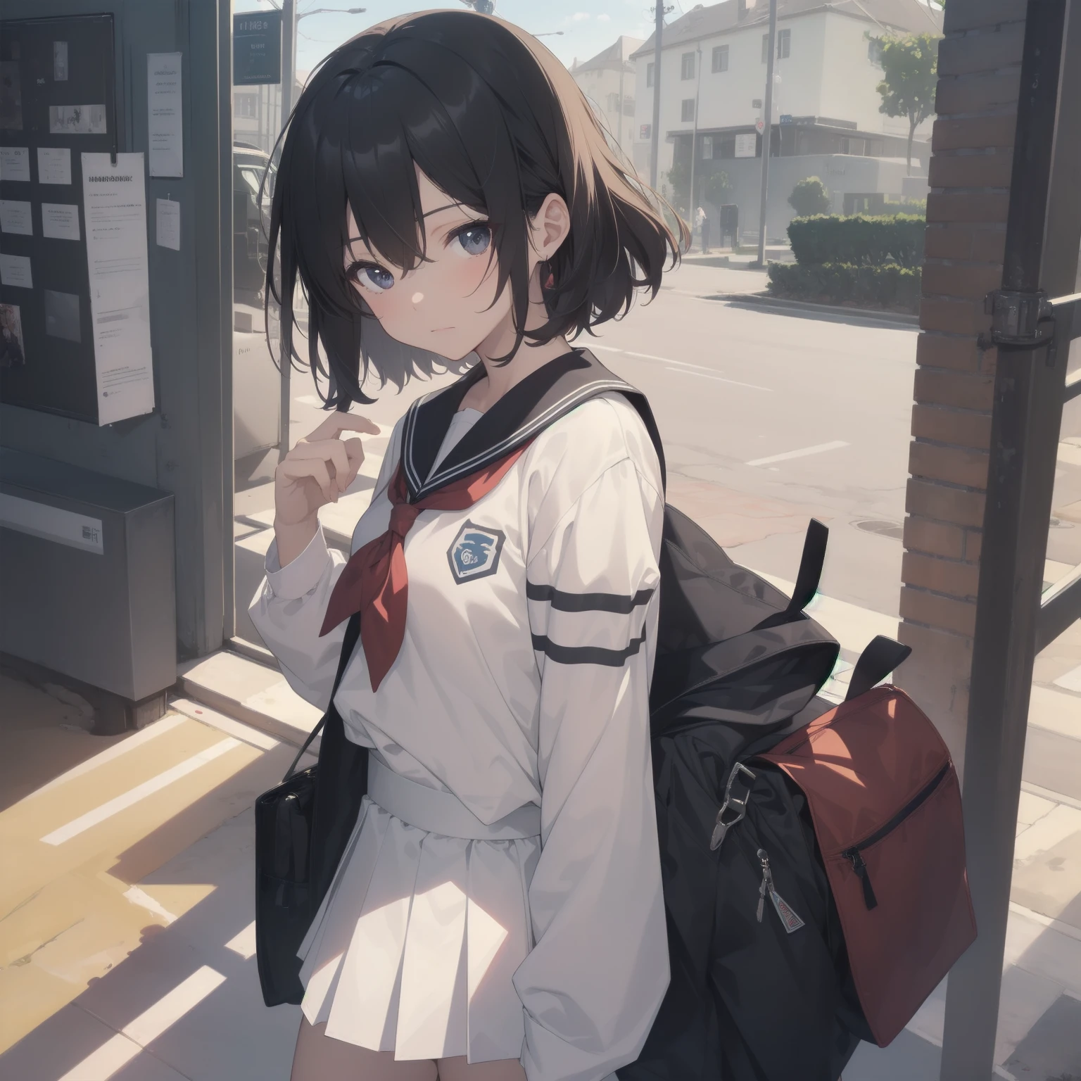 ultra-absurdres-Top quality by artist God, ultra-detailed, high resolution, anime moe artstyle, best anime 8k konachan wallpaper, pixiv contest winner, pool:2810, perfect anatomy,break, 1girl, (Please draw a girl walking sleepily to school alone. )break,(Solo,little female, 13-year-old:1.3),Full limbs, complete fingers,a junior high school student, (very short hair), short cut, flat chest, , small butt, small black eyes, beautiful detailed eyes, well-proportioned iris and pupils, expressive eyes, highres detailed hair, soft expression, salor school_uniform, sailor collar, serahuku, bow, pleated skirt,(Detailed Lighting), (Detailed background), in the School commute route. break,super detailed skin, Best cinematic lighting powered by famous artist, 8k,beauty illustration,photoshop_(medium),very aesthetic,break,((artist:wa_(genryusui) )), artist:clamp ,artist:carnelian ,artist:kantoku ,