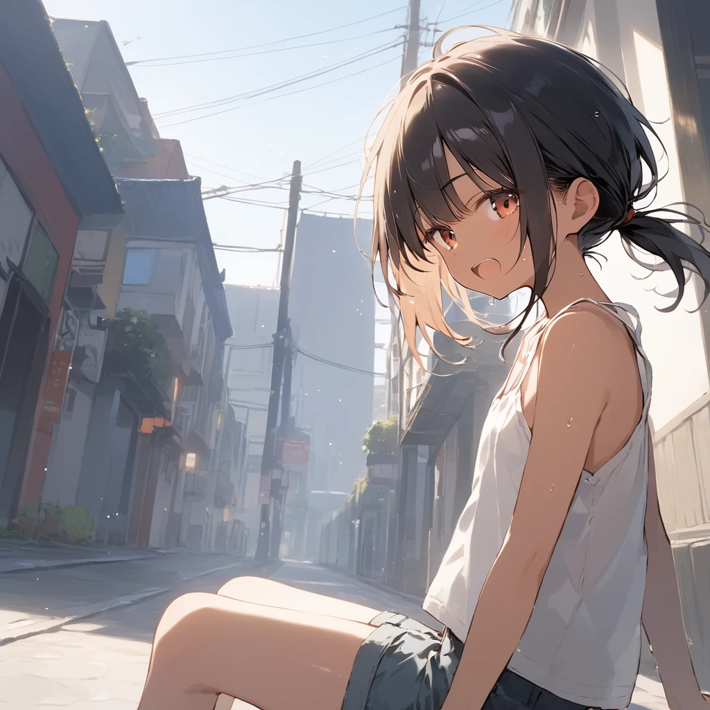score_9, score_8_up, score_7_up, source_anime, best quality, masterpiece, official art, absurdres, highres, ultra-detailed,waifu2x,Collection: Slice of Life,break,1girl, tomboy, dark-skinned female, short hair, low ponytail, flat chest, beautiful detailed eyes, short shorts, sweat, open mouth, (yawn:0.3), sleepily, outdoors, wind, break,(clear line illustration:1.2),very high resolution, very aesthetic, super detailed skin, Best sexual lighting powered by famous artist, 8k,cute picture,beauty illustration,photoshop_(medium),,(Detailed Lighting),best anime 8k konachan wallpaper, pixiv contest winner,