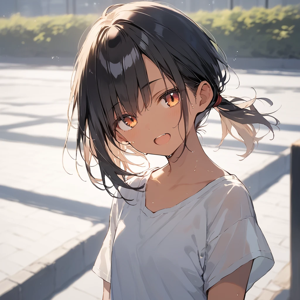 score_9, score_8_up, score_7_up, source_anime, best quality, masterpiece, official art, absurdres, highres, ultra-detailed,waifu2x,Collection: Slice of Life,break,1girl, tomboy, dark-skinned female, short hair, low ponytail, flat chest, beautiful detailed eyes, short shorts, sweat, open mouth, (yawn:0.3), sleepily, outdoors, wind, break,(clear line illustration:1.2),very high resolution, very aesthetic, super detailed skin, Best sexual lighting powered by famous artist, 8k,cute picture,beauty illustration,photoshop_(medium),,(Detailed Lighting),best anime 8k konachan wallpaper, pixiv contest winner,