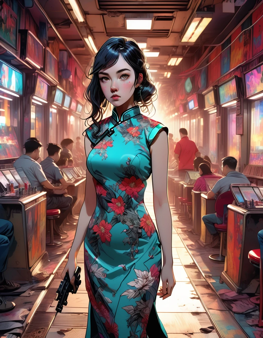 Young beautiful woman_Focused，Robot with long flowing hair((Tight cheongsam dress:1.9))，(assault rifle high speed shooting:1.7)，(motion blur effect:1.5)，Chaos in the casino，crazy，destroy，(Best quality，4K，8K，high resolution，masterpiece:1.2)，Ultra Detailed，(reality，reality感，reality感:1.37)，Detailed facial features，Intricate clothing patterns，Striking pose，Dramatic lighting，Film composition，Vibrant colors，And the dystopian atmosphere，