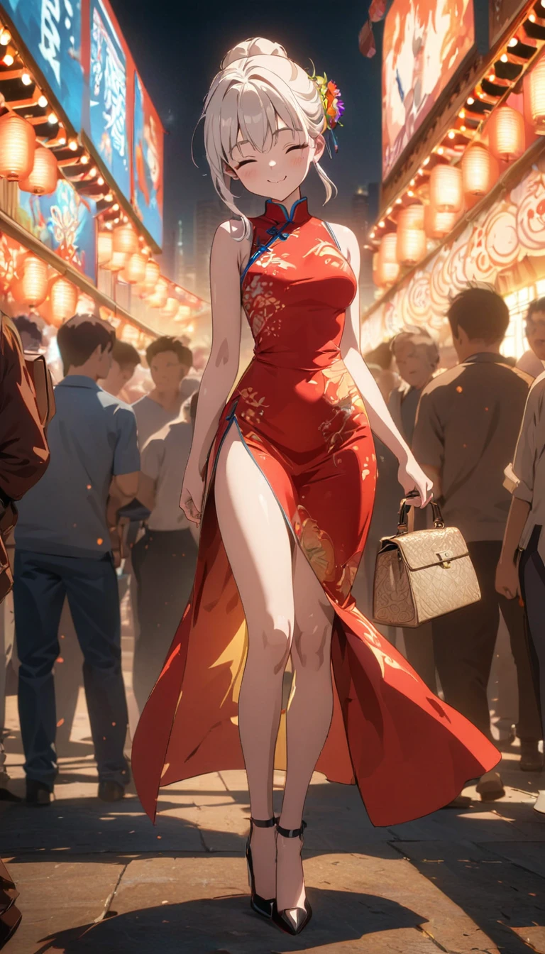 (best quality,8k,highres, masterpiece:1.2), (anime style),ultra-detailed, HDR, UHD, studio lighting, ultra-fine painting, sharp focus, physically-based rendering, extreme detail description, professional, vivid colors, bokeh, portraits, concept artists, warm color palette, dramatic lighting,Summer festival night,1 beautiful woman,(no sleeves China dress),updo, big smile, closed eyes, (The cityscape lined with the fairs of summer festivals),(beautiful hair, glowing skin,),(passing crowd),(anime style),(high heels with straps),Holding a Hermès Kelly Bag