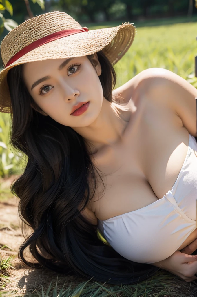 (((best quality))),(((ultra detailed))),(((masterpiece))),illustration,1 African girl,plum,straw hat,shiny skin,dark black skin,sweat,wet,(gigantic breasts:1.5),strapless Embroidered red bra,collar,sitting in the Paddy pool filled with Rice seedlings,close-up of face,elegant, clear sky, sunlight, dreamy, contrast, natural,Chinese rural landscape,