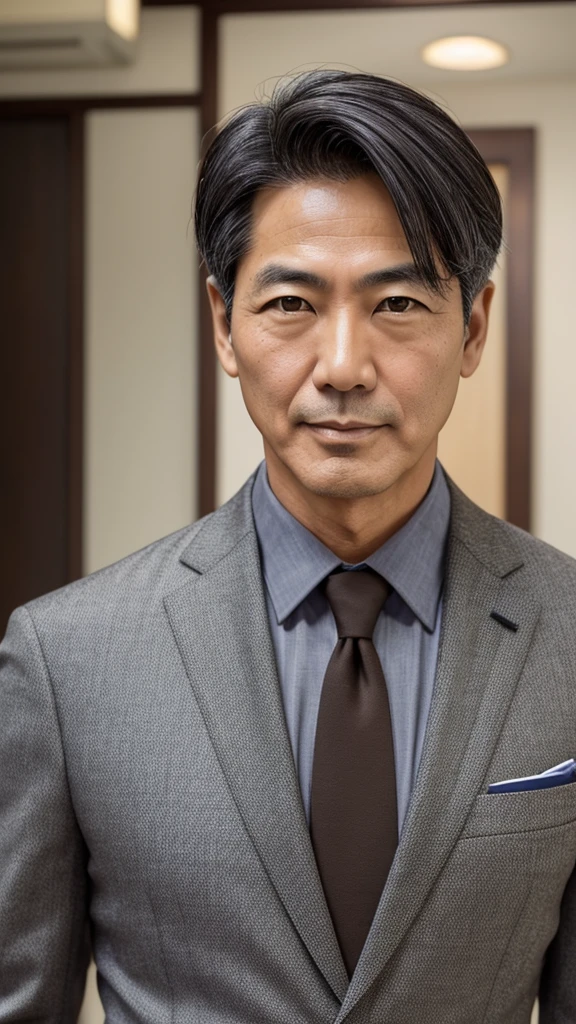 Male, 50s, Japanese, short black hair with gray, brown eyes, friendly impression, casual suit, face beginning to show fine lines, upper body in focus, frontal composition