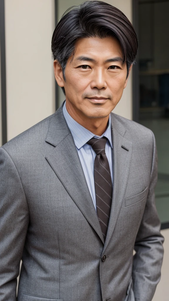 Male, 50s, Japanese, short black hair with gray, brown eyes, friendly impression, casual suit, face beginning to show fine lines, upper body in focus, frontal composition