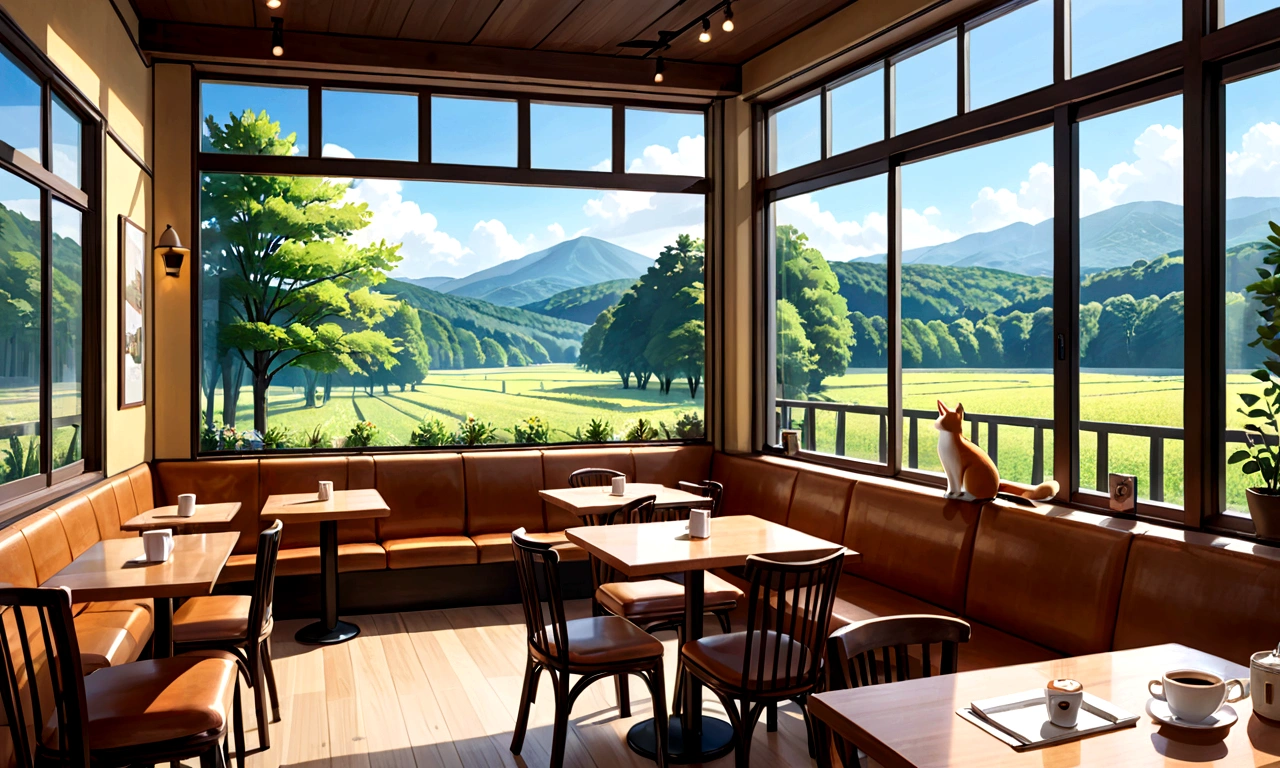 Large windows and trees々Restaurant table and chairs with a view, Cafe interior, Cafe, sitting in a Cafe alone, sitting alone in a Cafe, in karuizawa, Indoor Settings, coffee shop, Quiet and peaceful atmosphere, Cozy and quiet atmosphere, Sunny atmosphere, sitting in a Cafe, Cafe for felted animals, Cozy and welcoming atmosphere, A woman is studying at a computer
