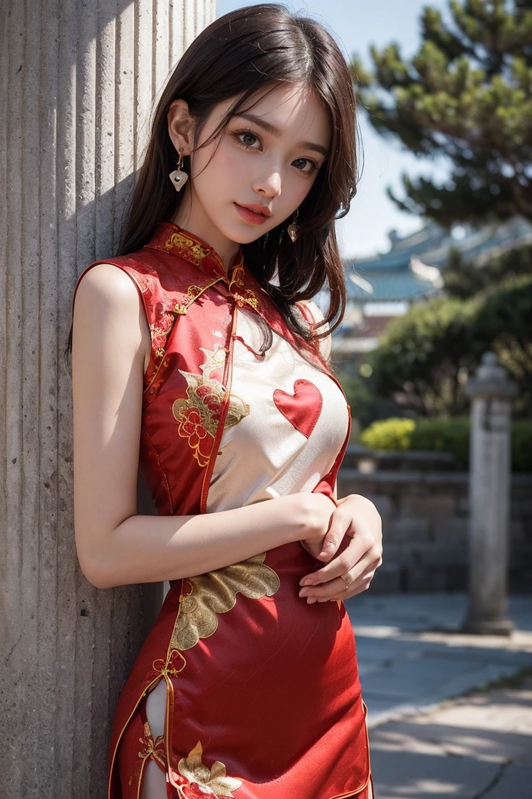 Top-quality Realistic,Official art,Highly detailed CG Unity 8k wallpaper,ultra-detailliert,hight resolution,Physically-based rendering,Magnificat,finely detail,masterpiece,Best Quality,ultra detailed, Face Light,Mature beauty,Beautiful girl,1girl,moist lips,sexy lips,Sexy smile,Gentle smile, 20 years old, Beautiful bare skin,Smooth bare skin,(Beautiful and radiant skin), big well-shaped breasts, beautiful cleavage,beautiful Mature body,swept bangs,(Medium hair:1.3), beautiful detailed eyes,model shoot style,Japanese Idol, Full-body,((Standing next to an artistic stone pillar representative of the Ming Dynasty)),BREAK,(Leaning against a stone pillar:1.2),((Red and gold-embellishedRed Cheongsam from the Ming Dynasty:1.5)),BREAK,(Heart shaped necklace),(Triangle ornament earrings),BREAK,(upper body:1.3),looking down,from below,POV from below,gentle smile like a goddess, ((Extreme close-up)),model pose,((In her right hand he holds an open Ming-dynasty fan))
