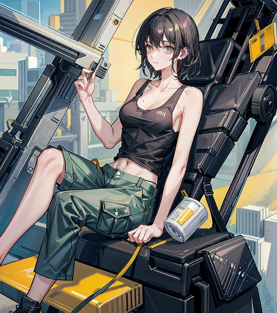 whole body, solo, alone, delicate facial features, medium tits, medium hair, black hair, tearful mole, earring, tank top shirt, cargo pants, shorts,