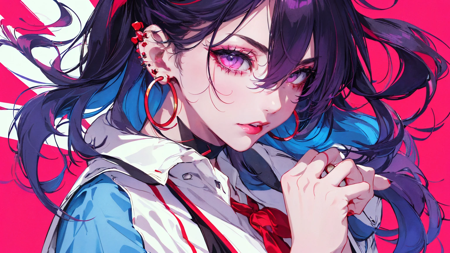 hair above one eye, Purple eyes, Clear Eyes, choker, Neon Shirt, torn legwear, open jacket、Blue pubic hair catches my eye,Bright red background、Red background, graffiti, Shineing grafiti, Shineing tattoos, Shine, Neon Light, Black light,Anime Style, movie portrait photography, 1 female, 22 years ago, Whole Body Ezbian,Big and ample breasts, anger, (Scarlet Hair), Long Hair, Purple eyes, wearing a short black dress, (Natural skin texture vivid details, Surreal, (Realistic eyes, Natural skin texture, Realistic facial details), Soft and dramatic lighting, Written boundary depth, Bokeh, vivid details, Surreal, 35mm movie, Absent-minded, movie,lipstick, ear piercing, eye shadow, Hoop Earrings, red pink lips, multicolored red eyes, Red background,Beautiful Eyes,Bold Pose、Strike a Pose,upper ponytail,drooping bangs,Droopy eyes、((school uniform))、high school girl