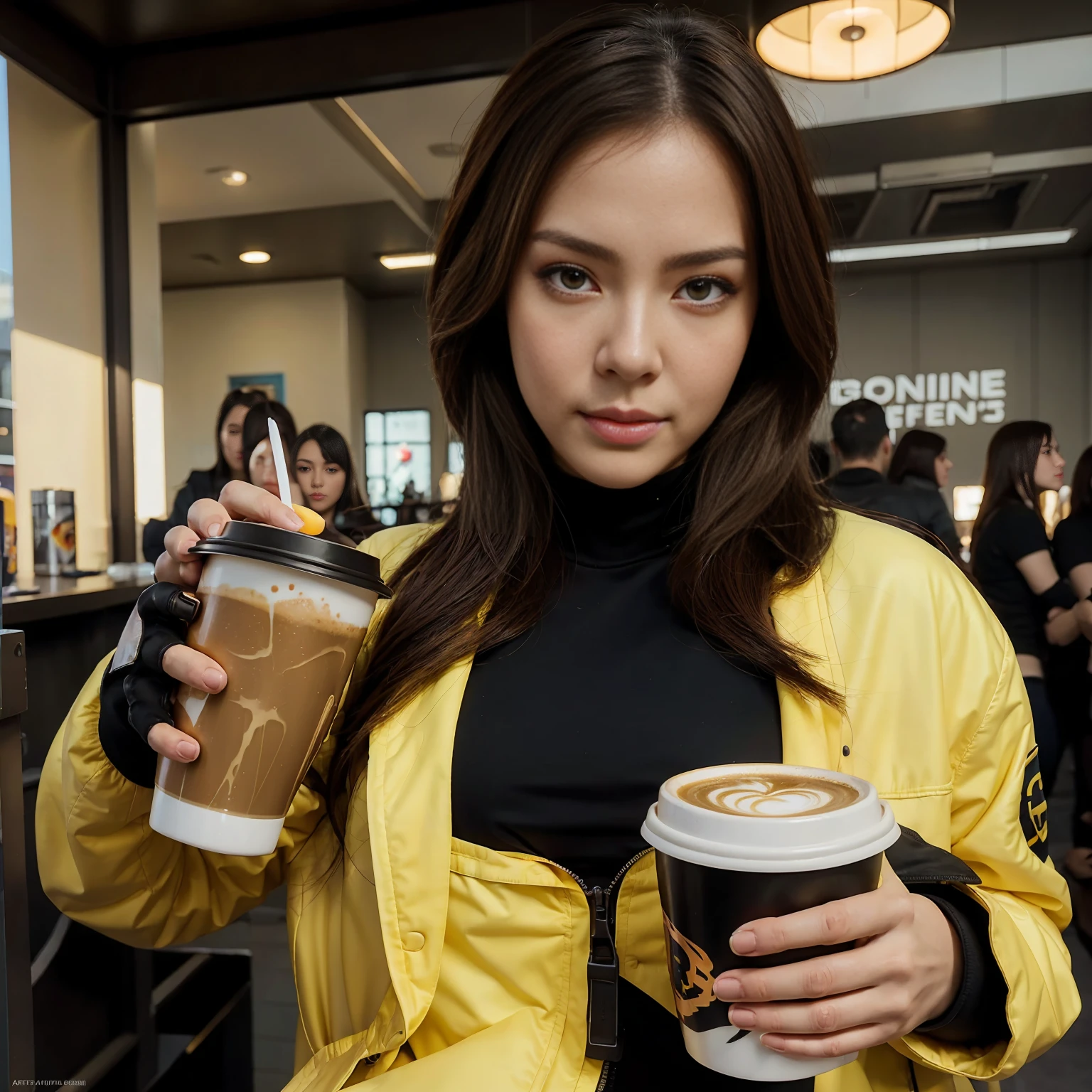 Woman in yellow jacket holding a cup of coffee, extremely detailed Artgerm, Anime girl drinking energy drink, Cena from League of Legends, lovely Brigitte of surveillance, Brigitte of surveillance, ruan jia and Artgerm, trending Artgerm, Faye Valentine's Day, like Artgerm, range murata and Artgerm, AG model | Artgerm