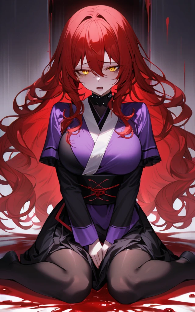 (masterpiece)、(absurdres)、(ultra detailed),Crazy Eyes、despair、Dark Side、half-closed eyes,,Tears of Blood、Red tears、Blood droplets、darkness,Blood pool space、Blood dripping background:1.3、wariza,独奏,Tall woman:1.2、big breast:0.6、wavy hair:0.8、red long hair:1.1 、yellow eyes、hair between eyes、purple kimono、Touch your face with both hands、shouting sadness:1.3,