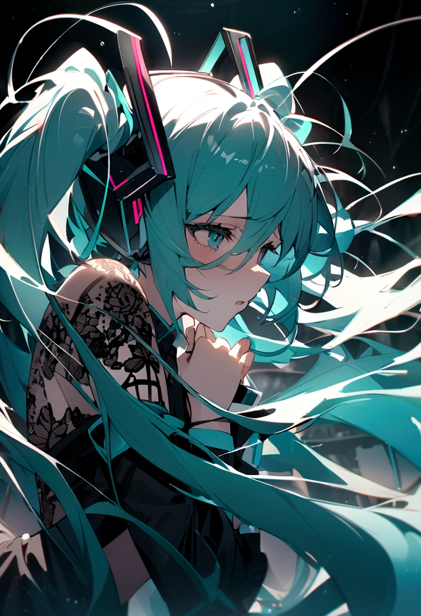 From the side、shout、sing、(((masterpiece, hatsune miku, vocaloid, Super detailed、Digital Cage、Reaching out、Sad、shout、aloud、