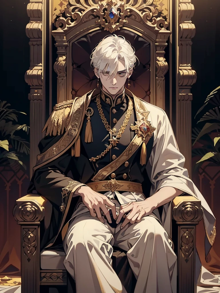 A white-haired, golden-eyed prince sits on a majestic throne inside an abandoned palace with crown. The environment around him is dark and gloomy, with cracks in the walls and cobwebs hanging there. The throne is ornate, with details in gold and precious stones, and is covered by a dusty cloth. The protagonist is wearing royal clothing, with a determined expression on his face, as he stares at the horizon with glowing golden eyes, masterpiece, best quality, ultra-detailed, illustration, 8k resolution concept art, fantasy art, epic art, concept art wallpaper 4k, deep color, natural lighting. adult, handsome, tall muscular guy, broad shoulders.