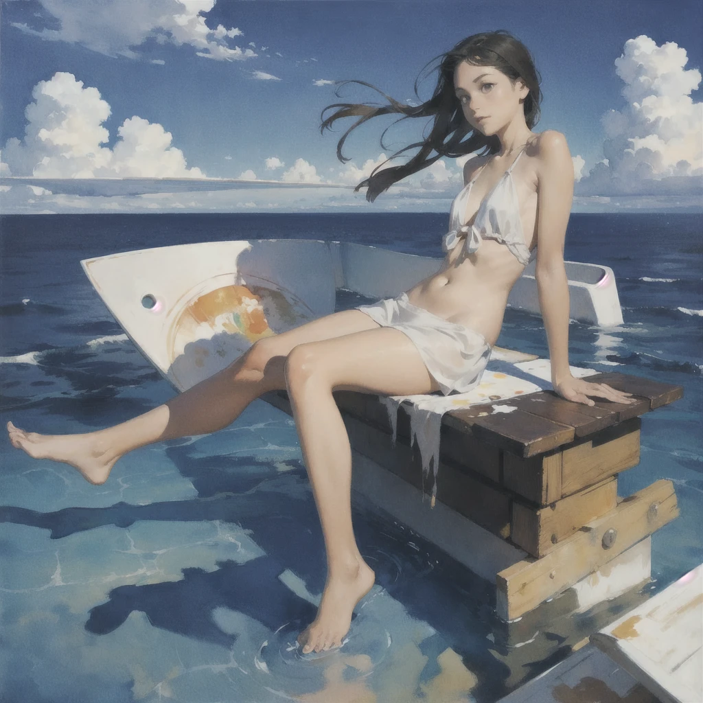 Tranquil voyager girl, Surrealism, Paint in watercolor style, Photorealism, barefoot