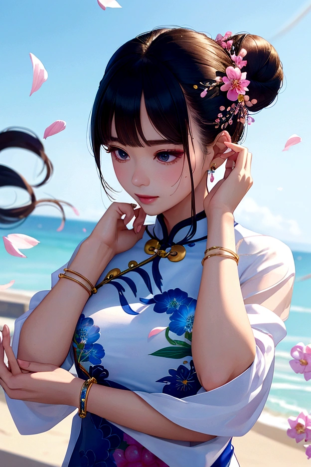 best quality, ultra-detailed, extremely delicate and beautiful, 1woman, cheongsam, single hair bun, hand on own head, bracelet, jewelry, scattered petals, reflective sea surface,
