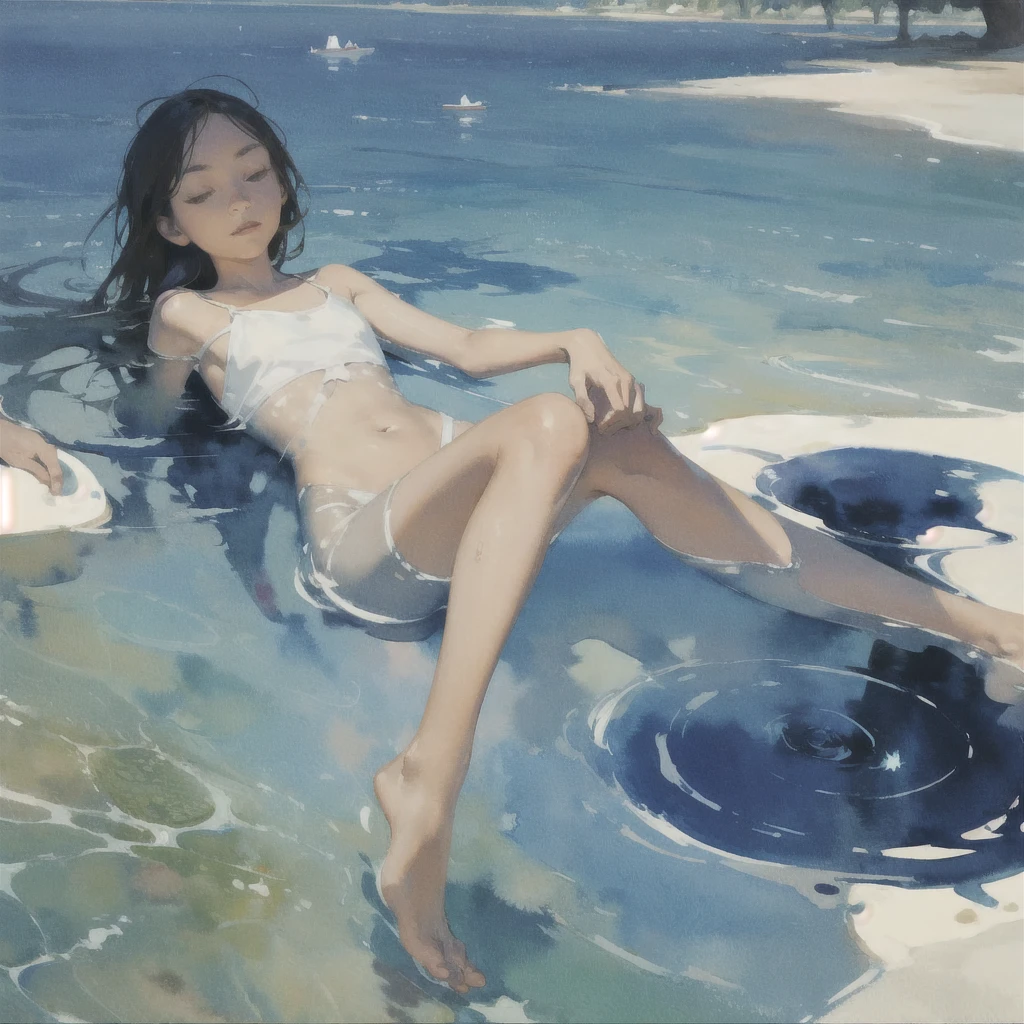 Tranquil voyager girl, Surrealism, Paint in watercolor style, Photorealism, barefoot
