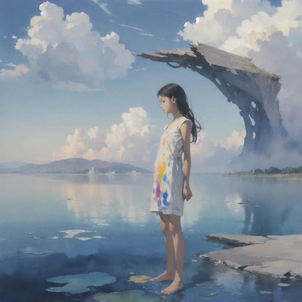 Tranquil voyager girl, Surrealism, Paint in watercolor style, Photorealism, barefoot