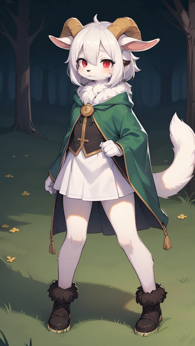 Rori the fox, riding on wolf, was hairy, shaggy, skin fur, smooth lashes, white fur, forelimb hands, straight long white hair, solid circle eyes, ((goat horns)), white facial fur, shiny hair, red eyes, super cute face, 1goat tail, fluffy tail, furry tail, glowing eyes, green cloak, white skirt, standing, sad face, ambient light, ultra-fine fur, dashed eyes, full body, masterpiece, high quality, high-details, best quality, wide short, (((solo)))