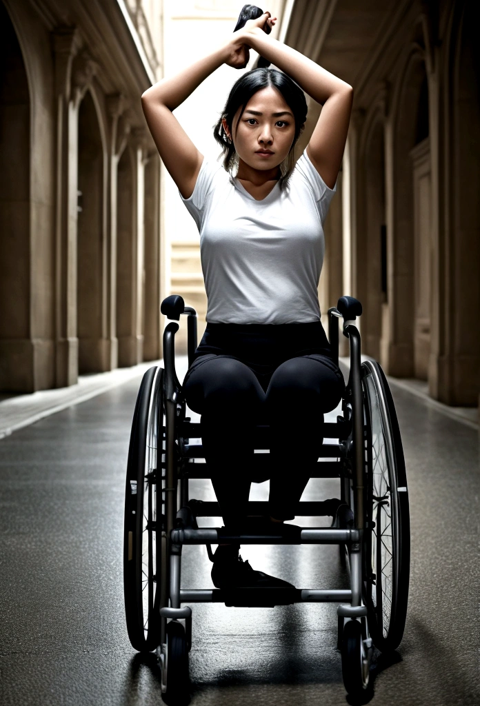 Girl, wheelchair user, stretching her body.