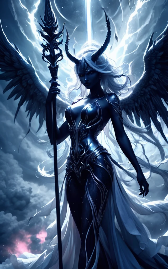 Full body shot, Demoness, busty, ((highest quality)),(ultra high resolution),(Super detailed),(detailed description),((best CG)),(best work of art),super precision art,amazing drawing art,(Fantasy art with intricate detail:1.5), A spear of light that pierces heaven and earth,Lightning emanating from the aurora cuts through the night sky,Angels blowing the trumpets of the end