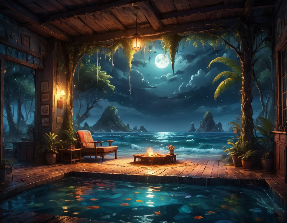 Dreamy Vibes Art Style "Life within life, A World Within a World. Only love is true, But dreams are the new reality, Heartfelt blood love lost at sea" Surroundings, Movie, night. unrealistic. Surreal. Shadow.,  A unique situation ( A tropical setting with atmosphere and luxuries). Highly detailed photos. Volumetric lighting.