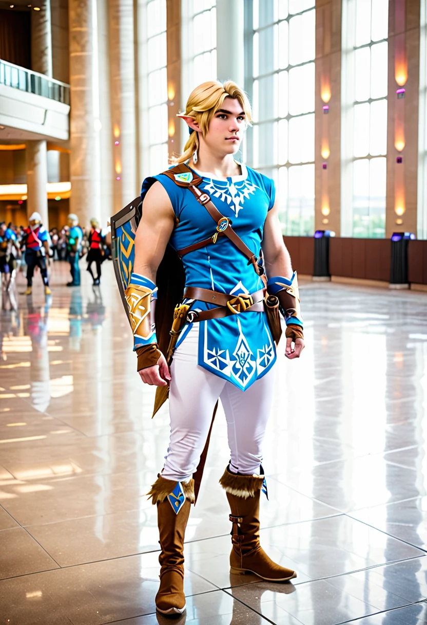 an attractive 20 year old American male, muscular, standing in convention hall, wearing botw Link Cosplay, blond hair, white skin, full body shot