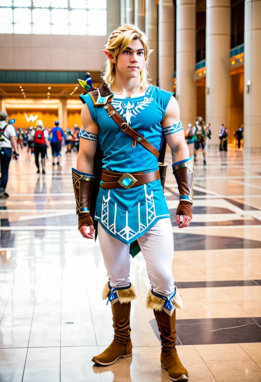 an attractive 20 year old American male, muscular, standing in convention hall, wearing botw Link Cosplay, blond hair, white skin, full body shot
