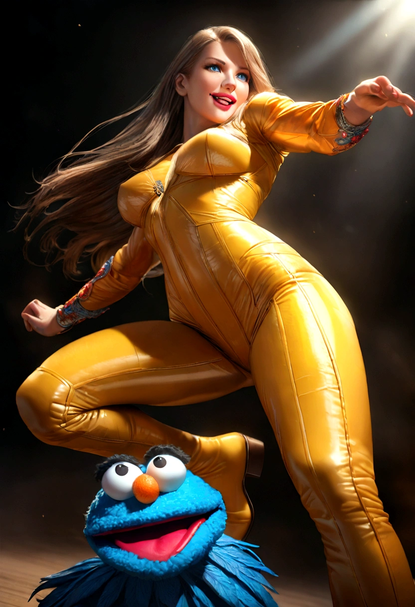 a woman Mimi Rogers (30yo) in a sexy sheer yellow bodysuit, tape over nipples, laughing and playing with muppets on sesame street, ultra detailed, 8k, photorealistic, beautiful detailed eyes, beautiful detailed lips, extremely detailed face, long eyelashes, intricate details, vivid colors, professional lighting, seamless composition, dynamic pose, whimsical, vibrant, photorealistic, cinematic lighting
